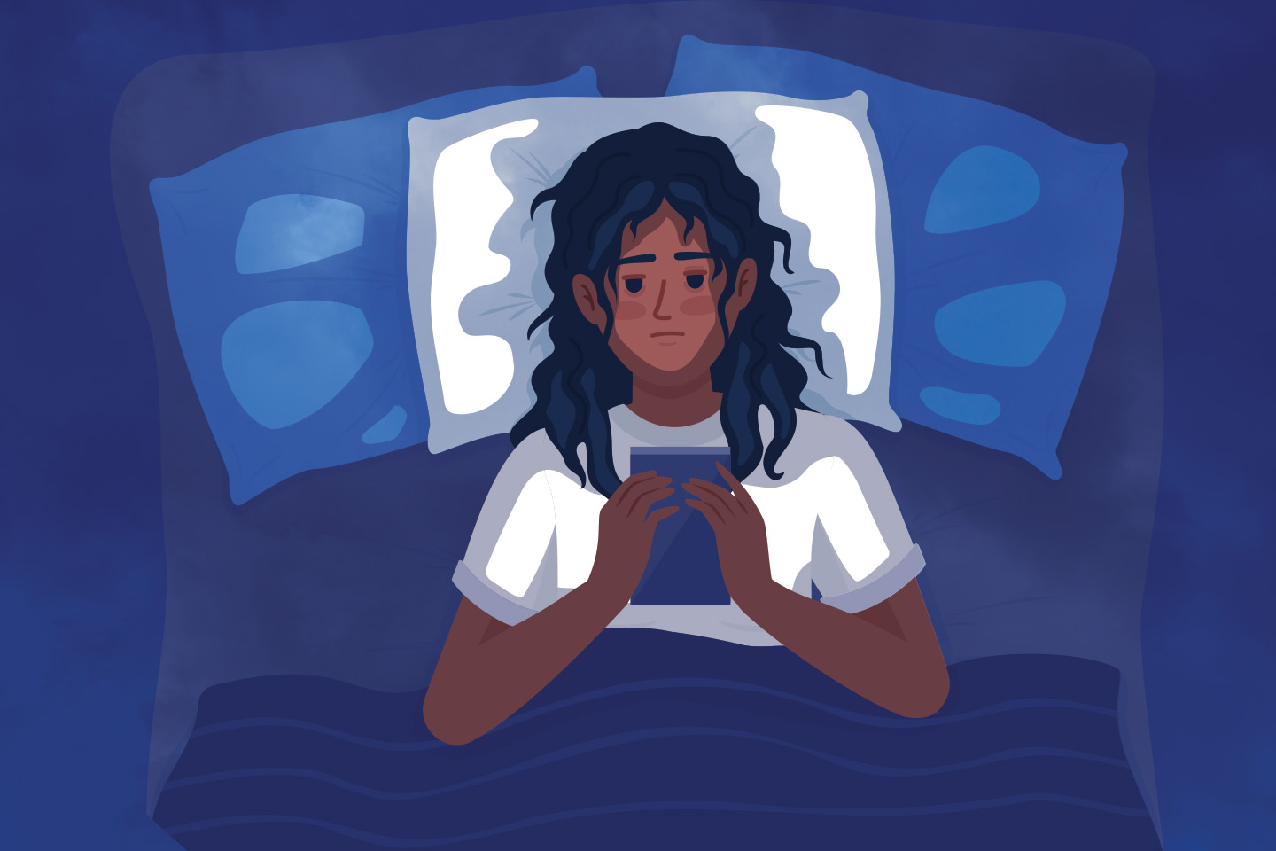 An illustration of a woman laying in bed in the dark looking at her smartphone