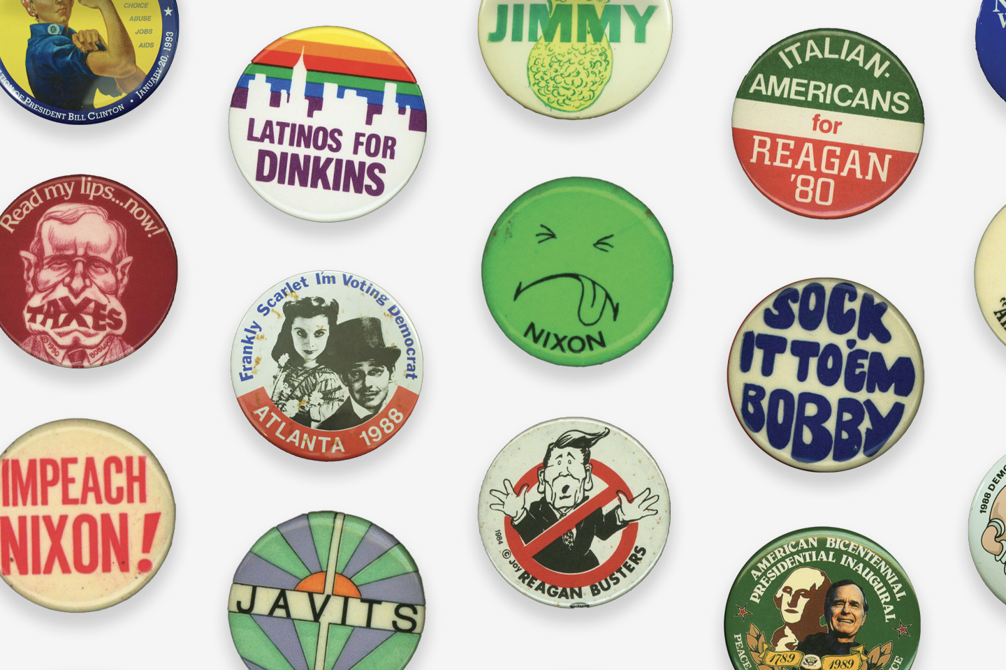 A collage of buttons showing significant artifacts, sayings and pop culture from the 1980s