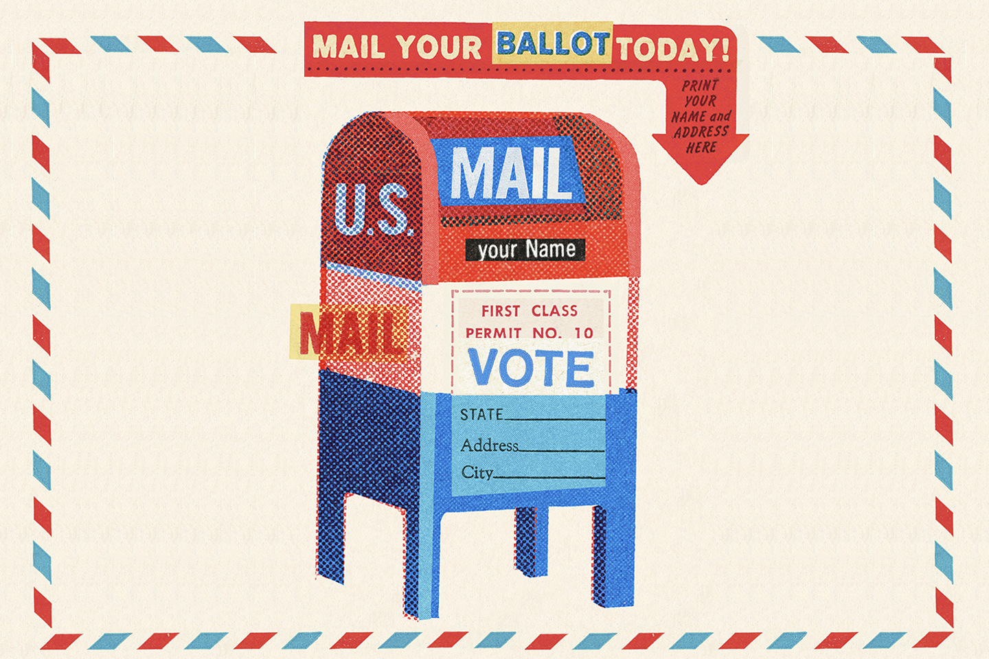 An illustration of a mailbox with a voter ticket on the front.