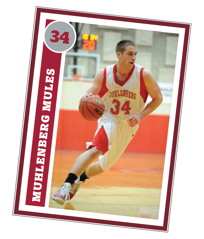 A trading card with a photo of a college basketball player on it and it says Muhlenberg Mules