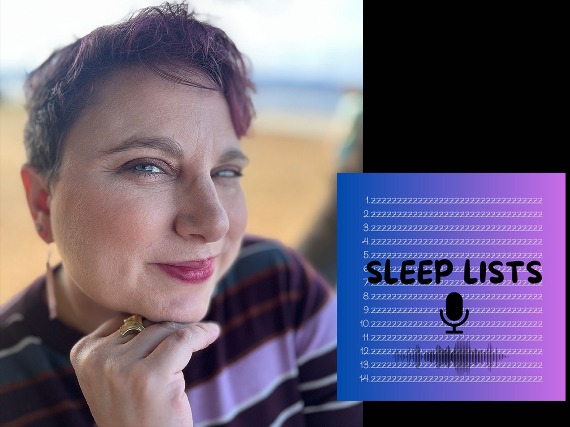 A headshot of Helen Sernett and the logo for the Sleep Lists podcast