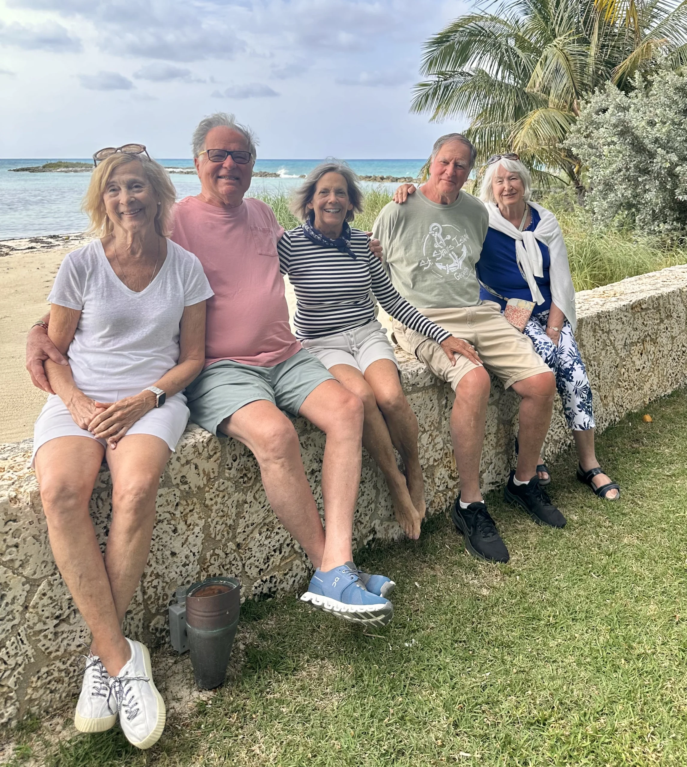 A group of older people seated on a wall with green grass in the foreground and the ocean in the background