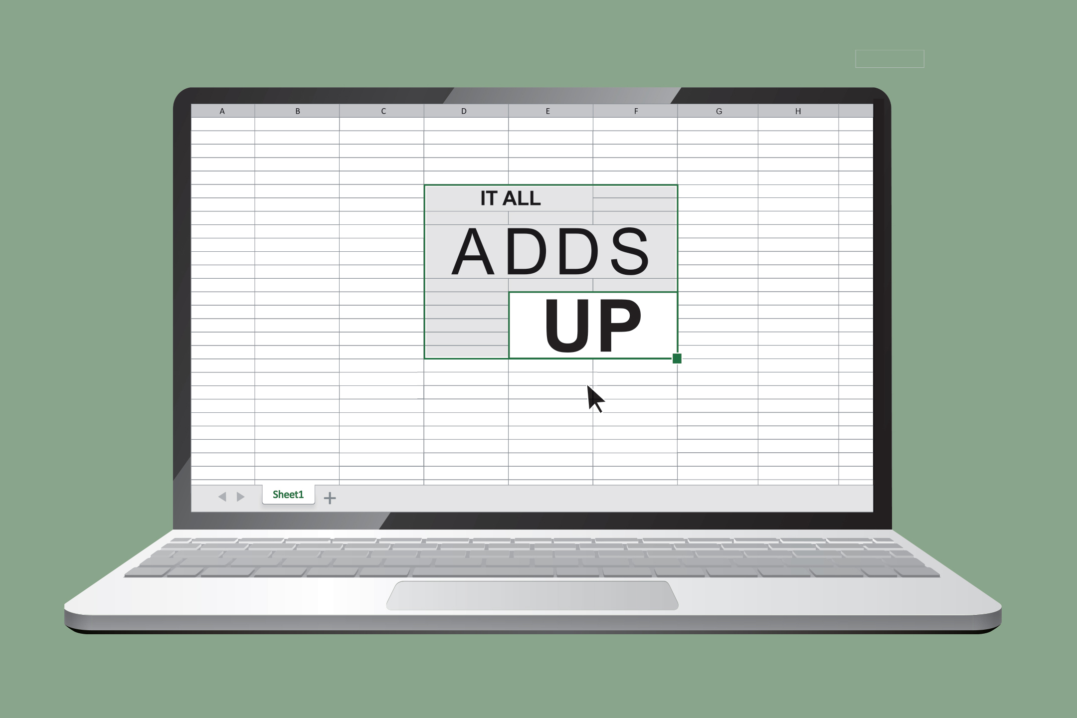 An illustration of a laptop on a green background and a screen with a grid like spreadsheet and the words "It all Adds Up"