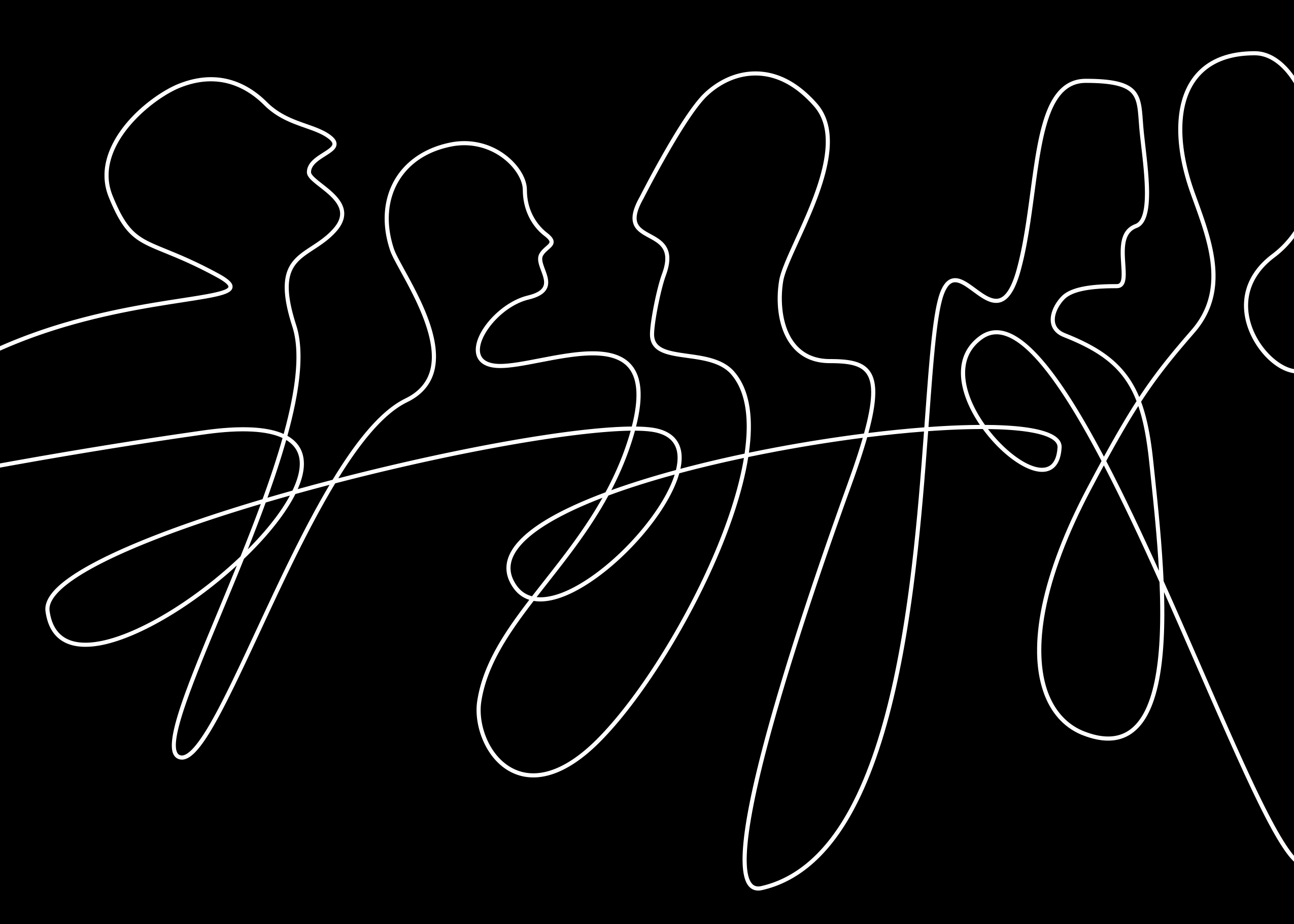 Black background with a white scribbled line depicting human forms.