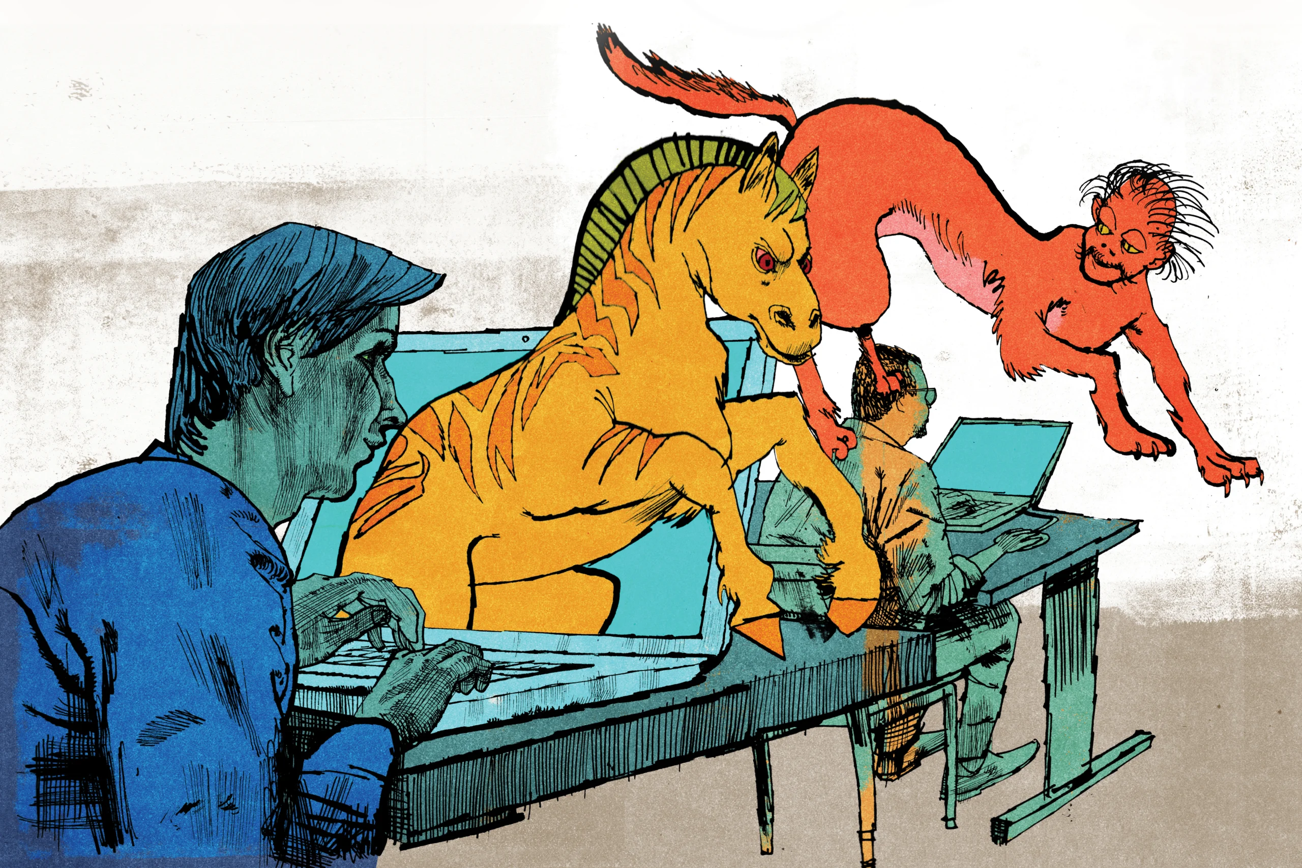 An illustration of two people working on laptops while two creatures come out of the screens