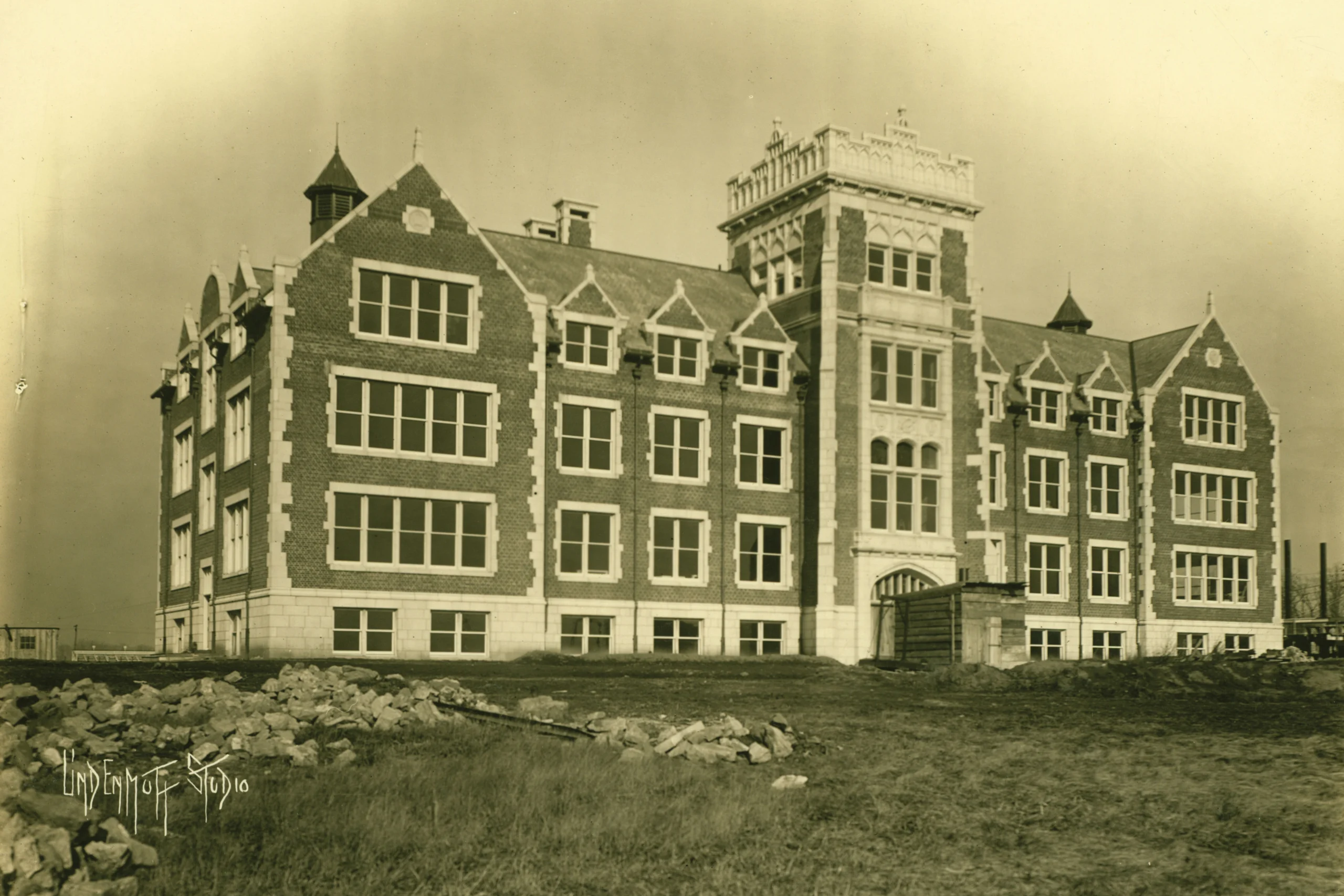 An archival photo of a science building on a college campus