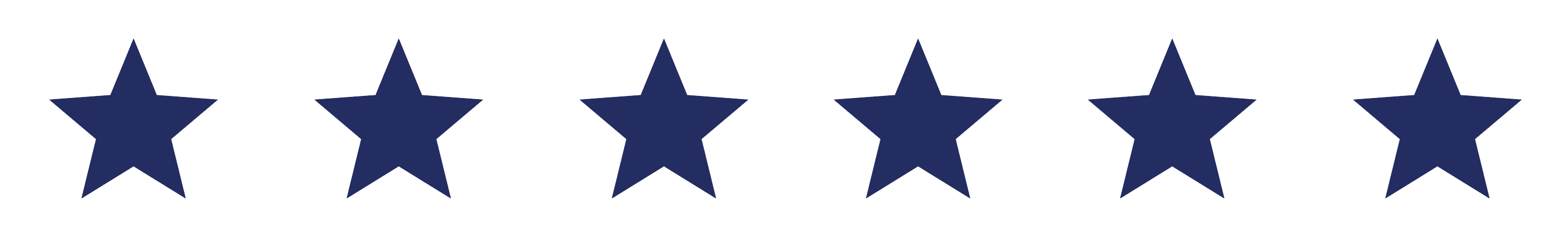 Six navy blue star shapes horizontally in a row.