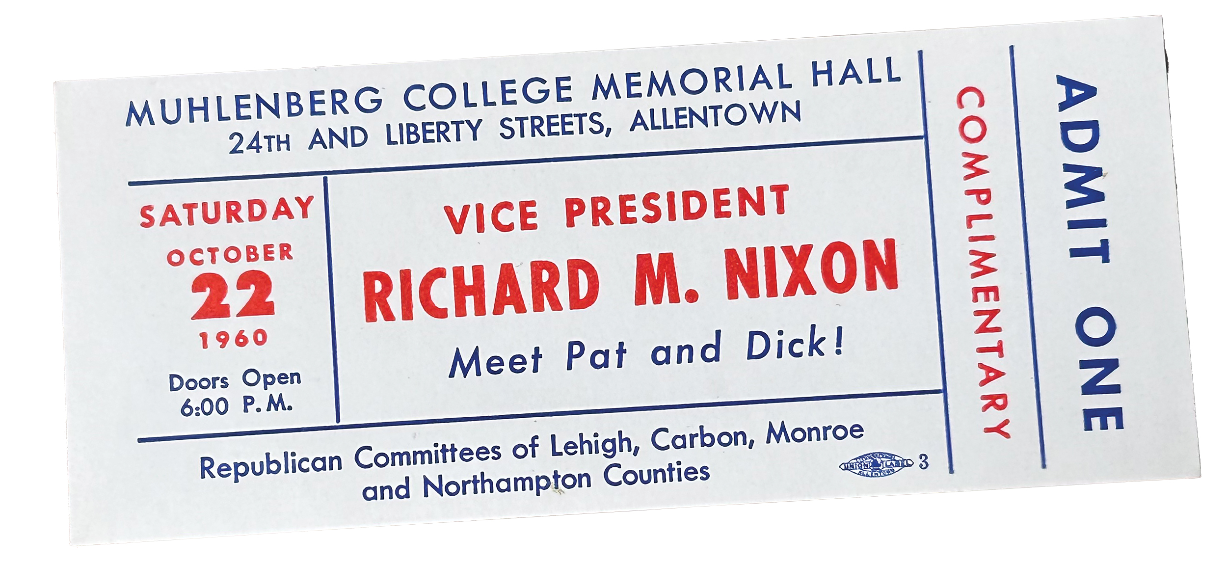 A photo of a white ticket with blue and red ink for the visit of Vice President Richard Nixon in 1960 at Muhlenberg College.