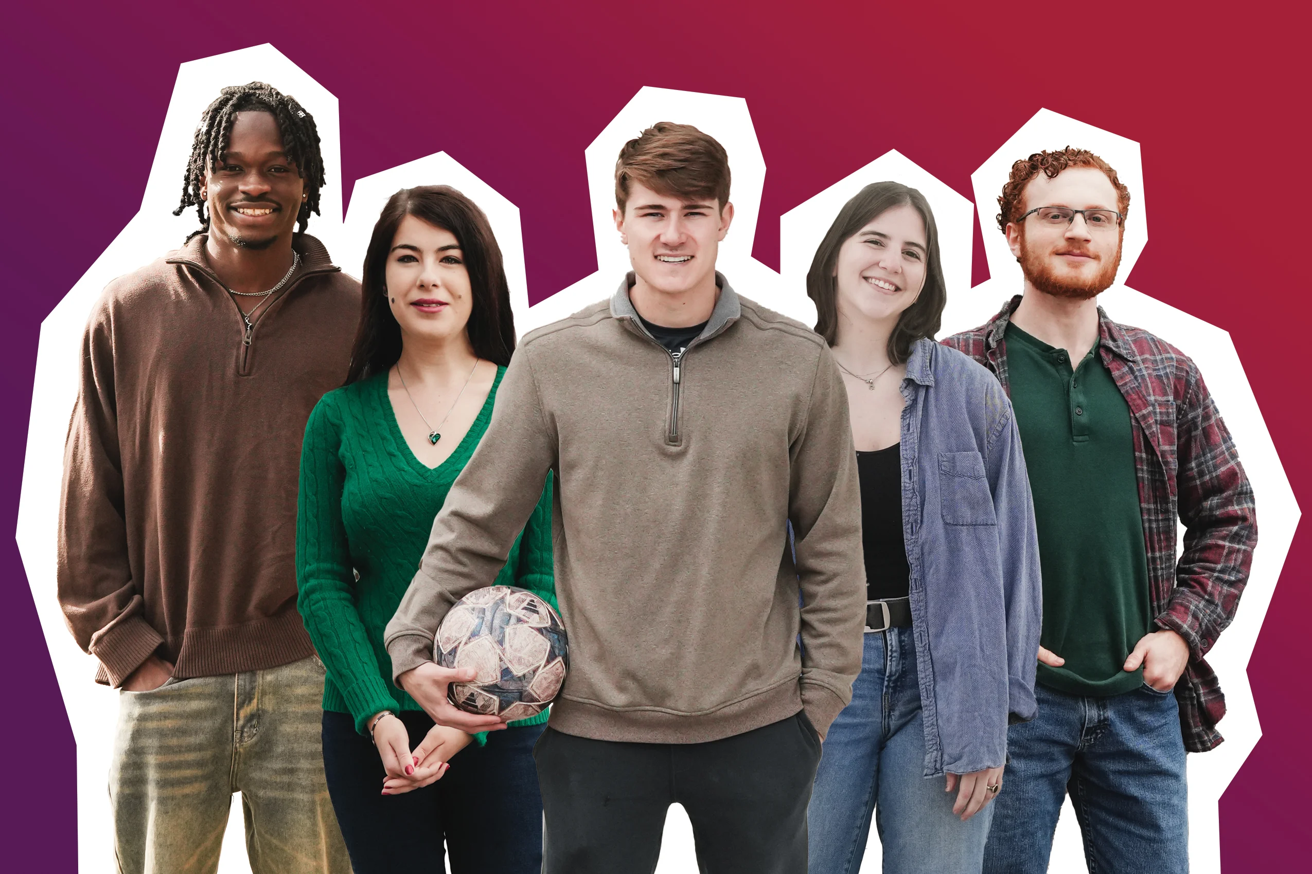 Five college students standing with a white cutout outline behind them placed on a purple gradient background