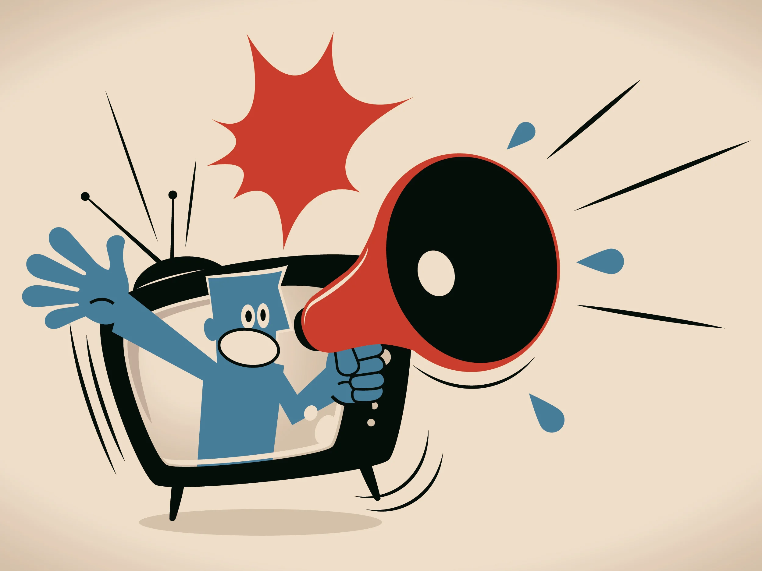 Illustration of a man yelling into a megaphone from inside of a TV