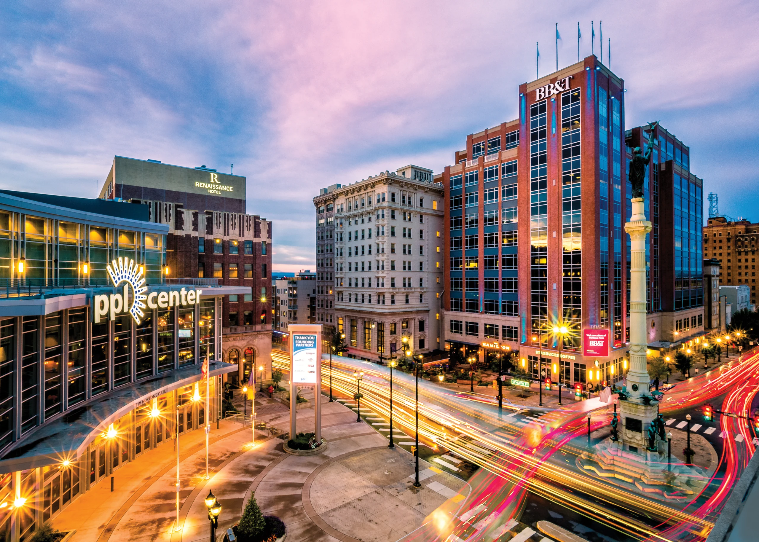 A timelapse photo of an intersection of allentown outside of the PPL center where the lights have become lines