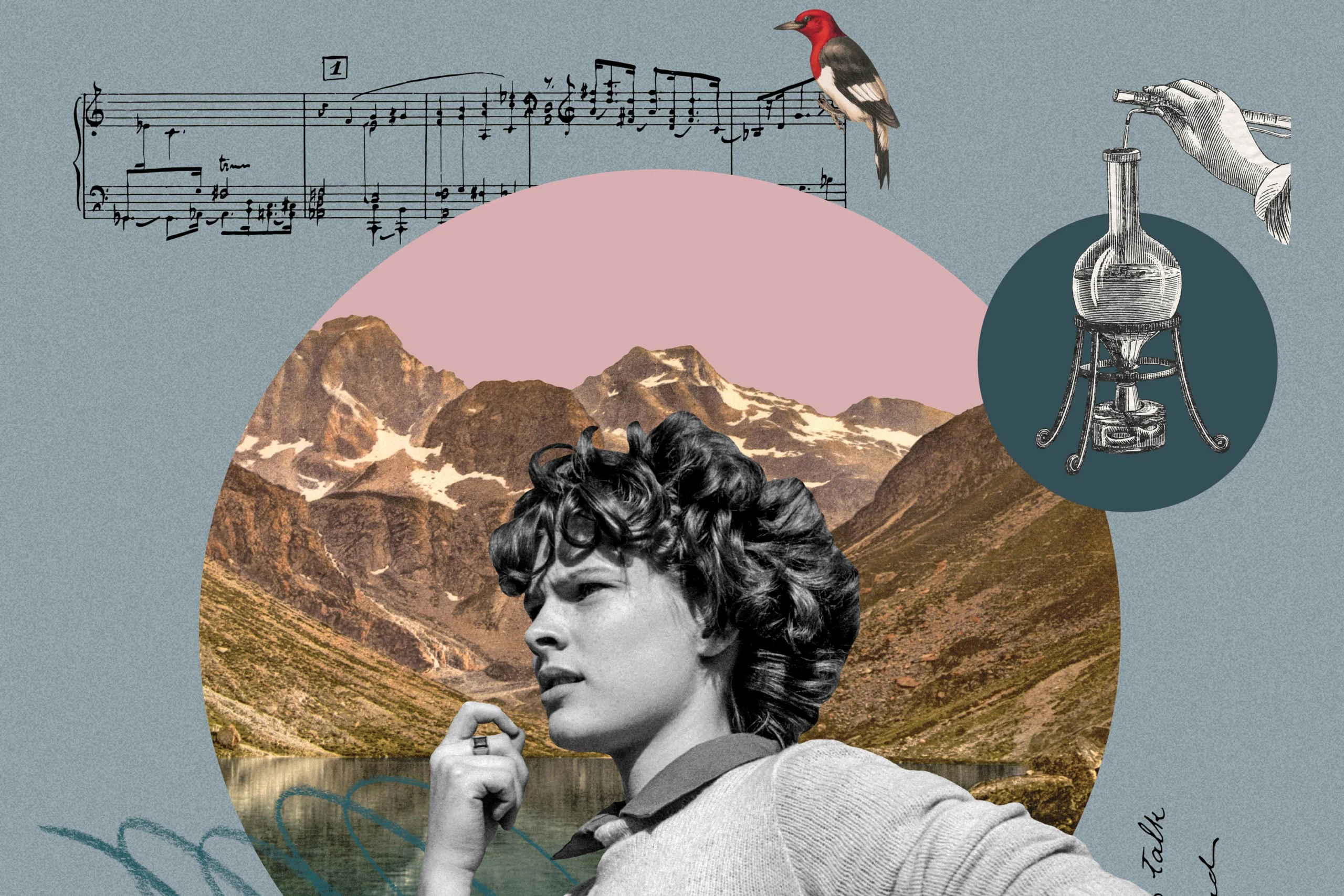 A photo-illustration with a black and white woman looking pensive in front of a collage with mountains, sheet music, a bird, and a hand pouring chemicals into a test tube