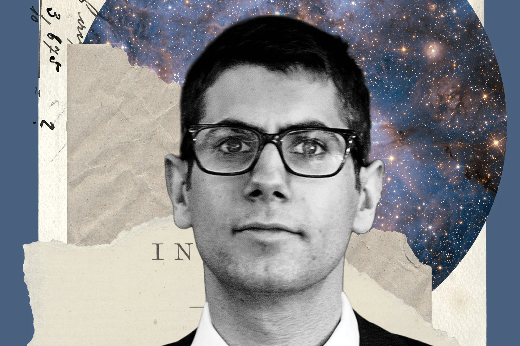 A black and white headshot of a man in glasses in front of a collage illustration of stars and ripped paper