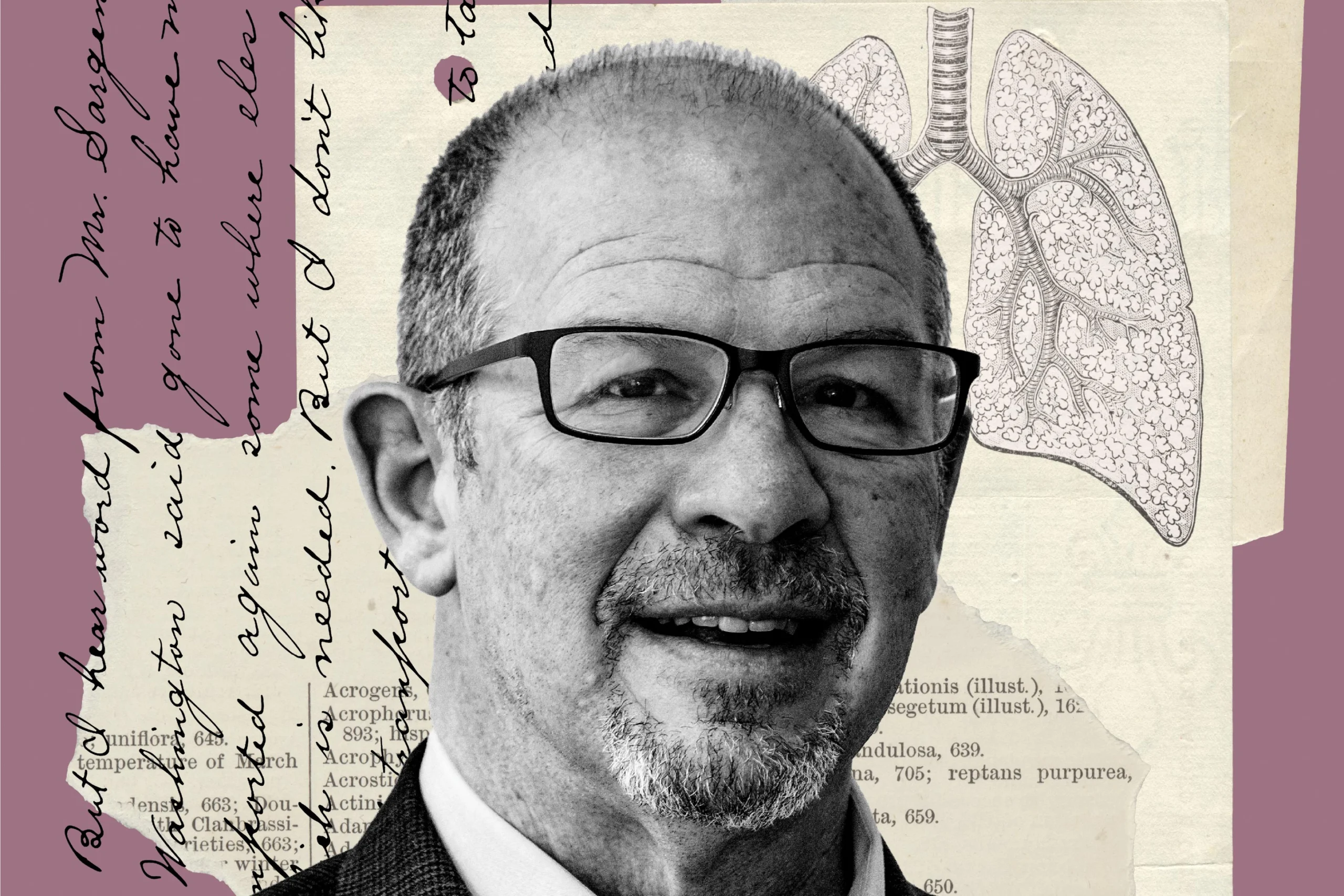 A black and white headshot of a man in glasses in front of a collage illustration of lungs, ripped paper, and script witing