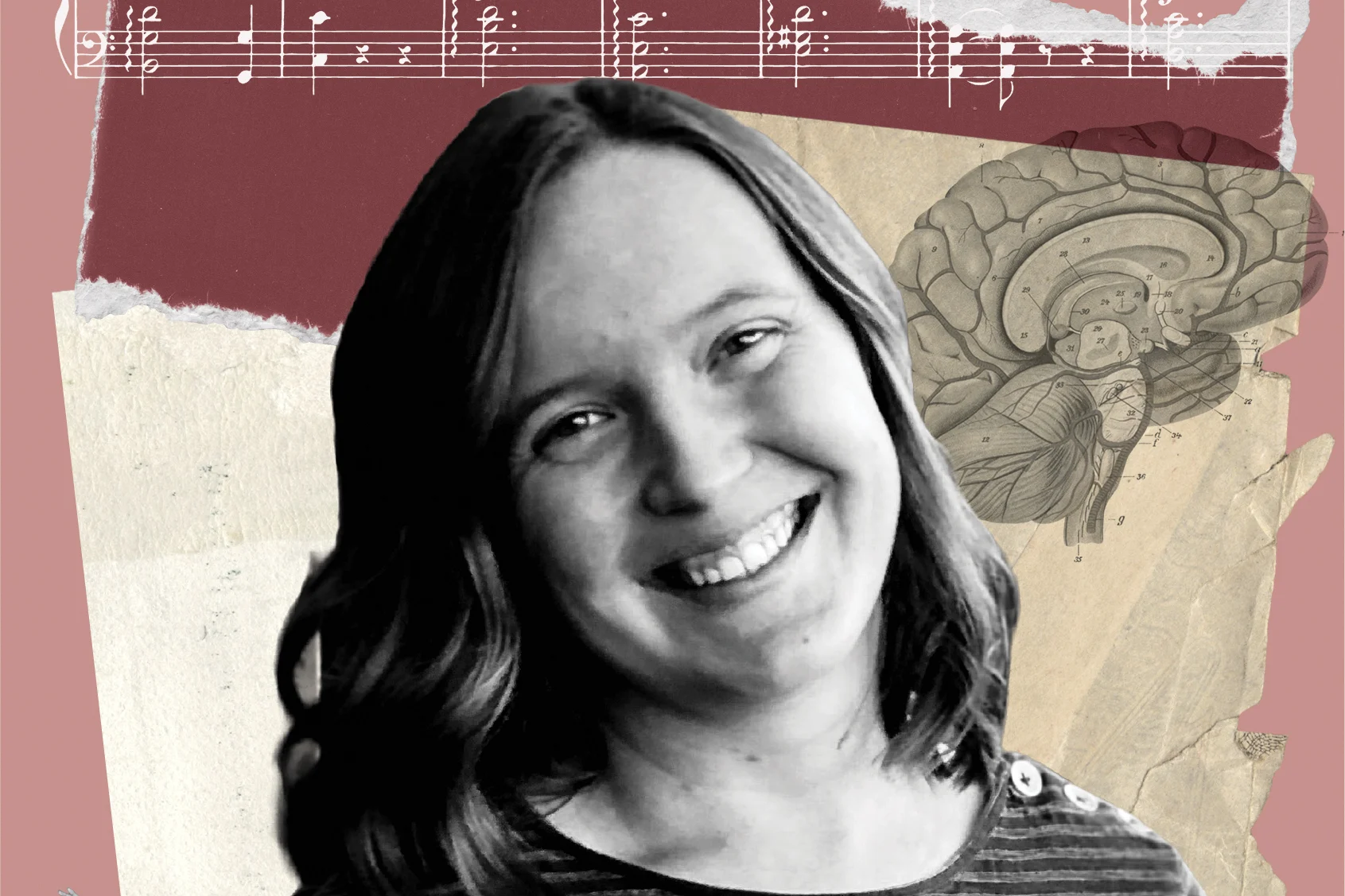 A black and white headshot of a smiling woman in front of a collage of a brain, sheet music, and ripped paper