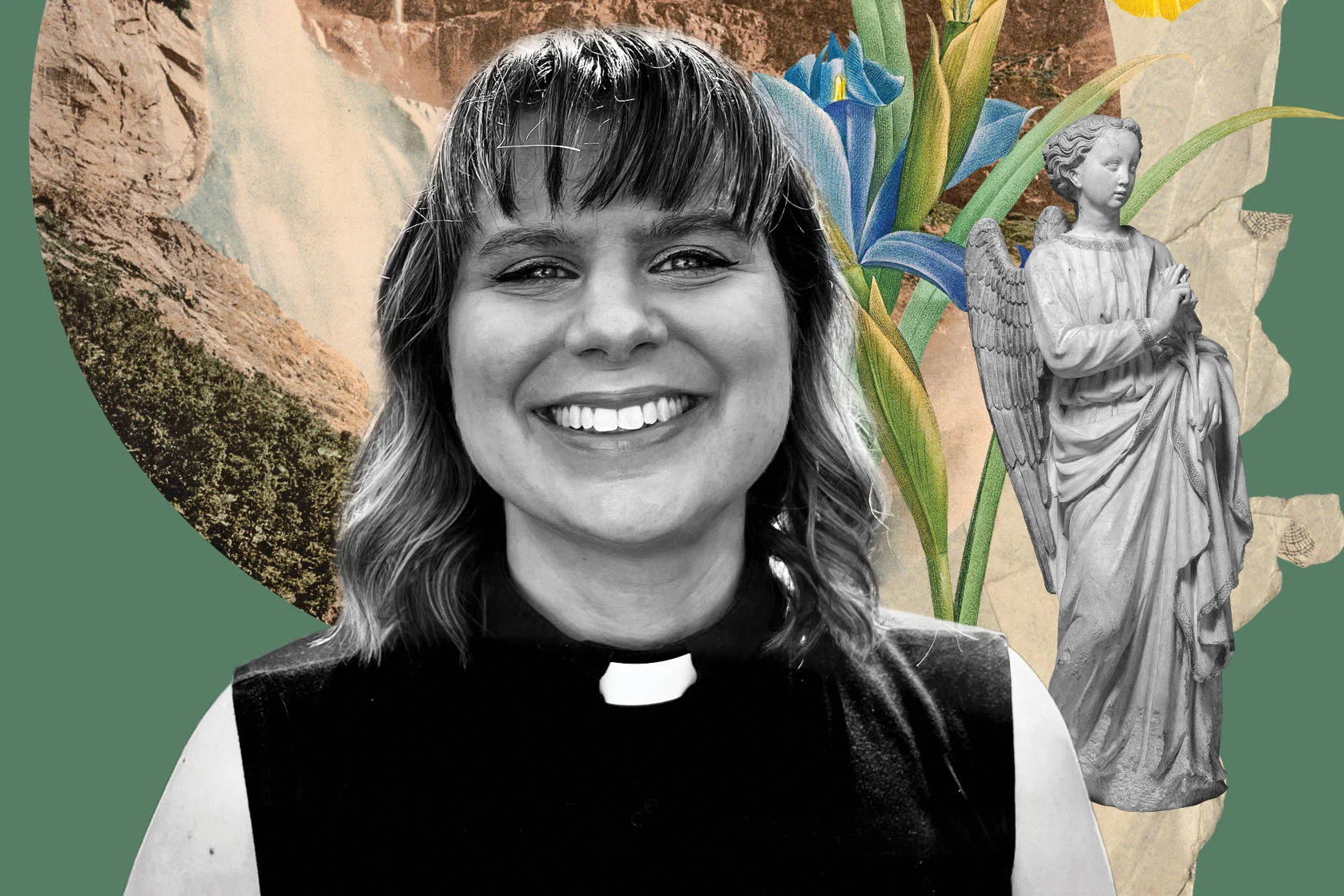 A black and white headshot of a reverend in front of a collage of a waterfall, blue flowers, and an angel statue