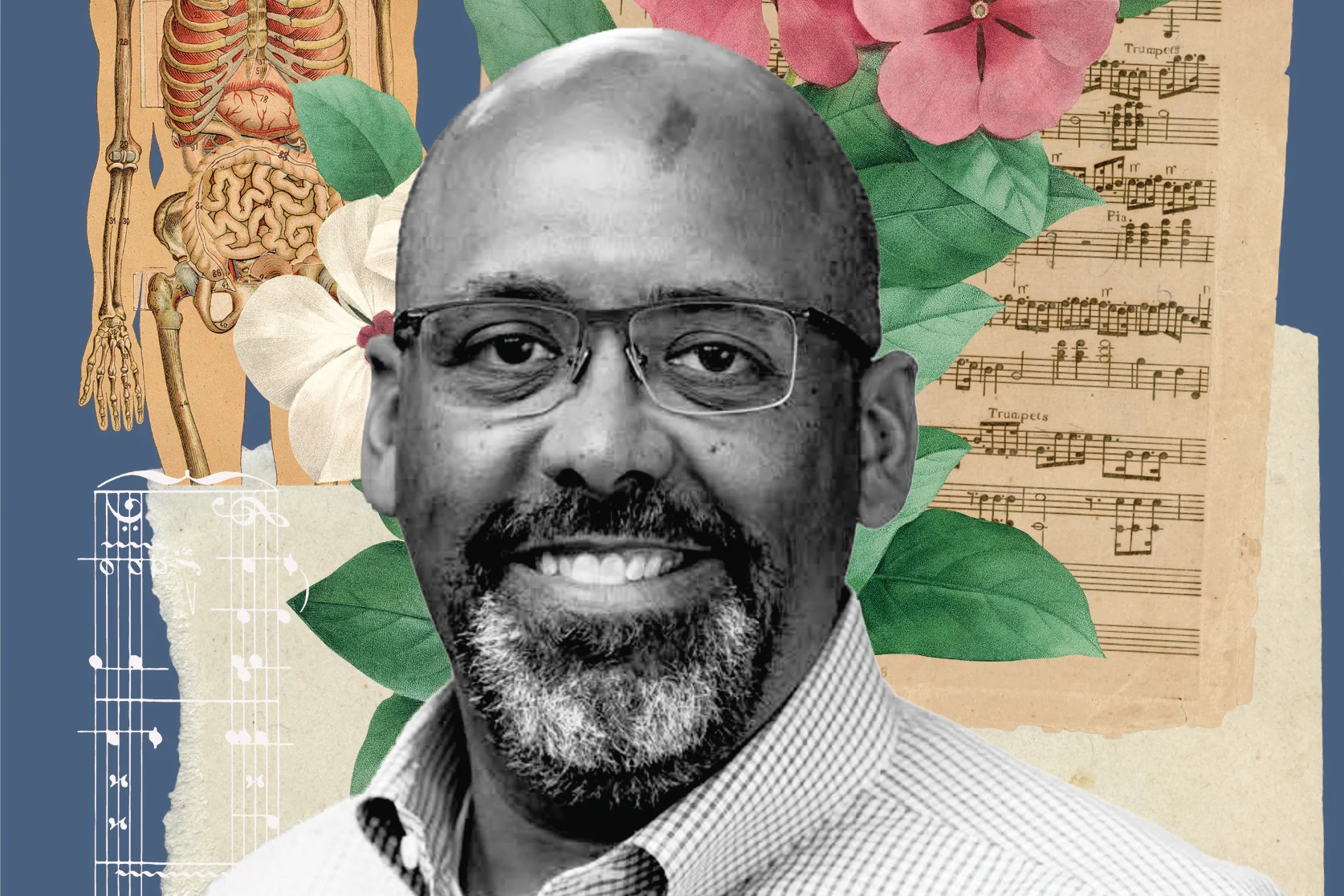 A black and white headshot of a man in glasses in front of a collage illustration of sheet music, pink flowers, and the human body