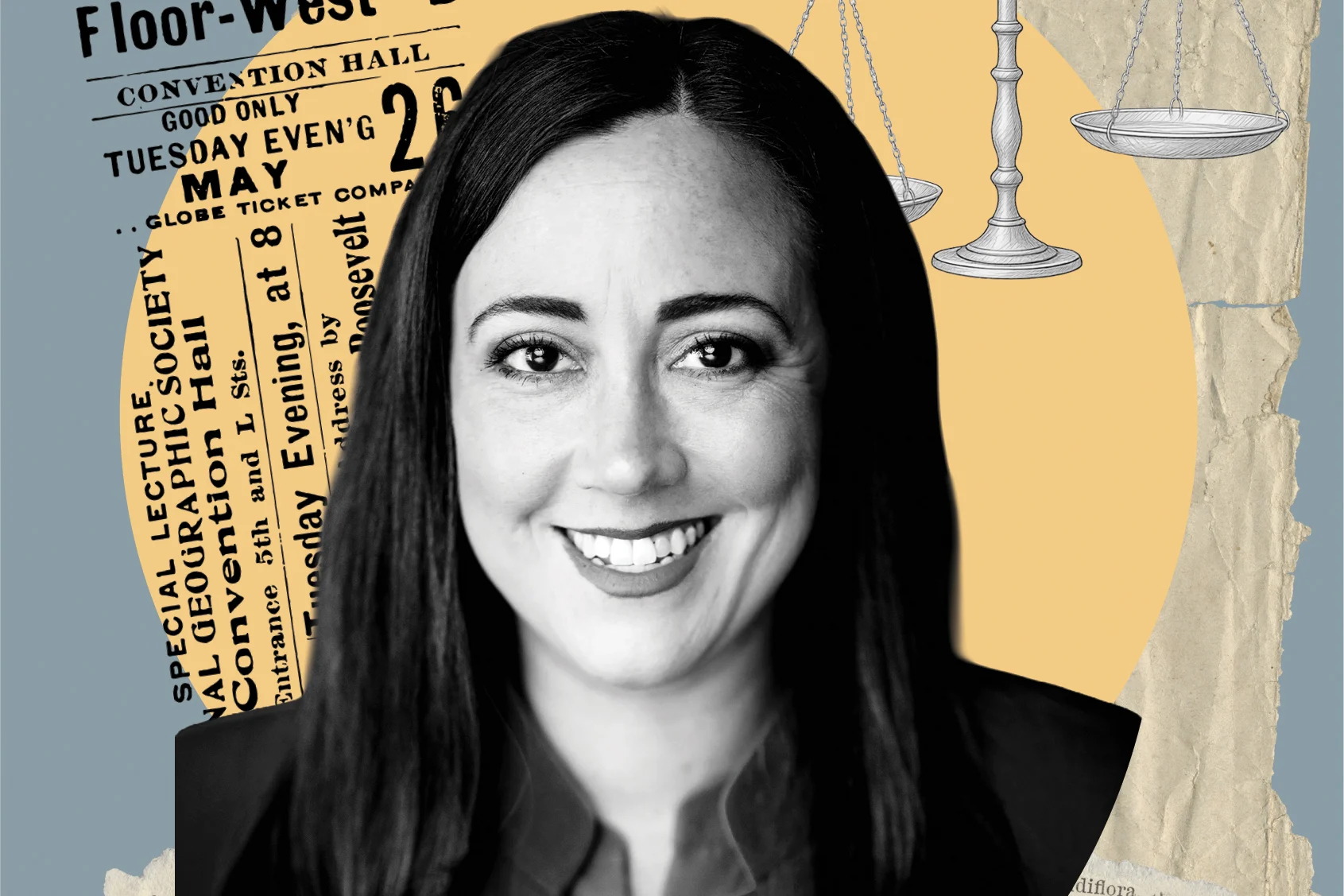 A black and white headshot of a woman in front of a collage illustration including a lecture ticket and justice scales