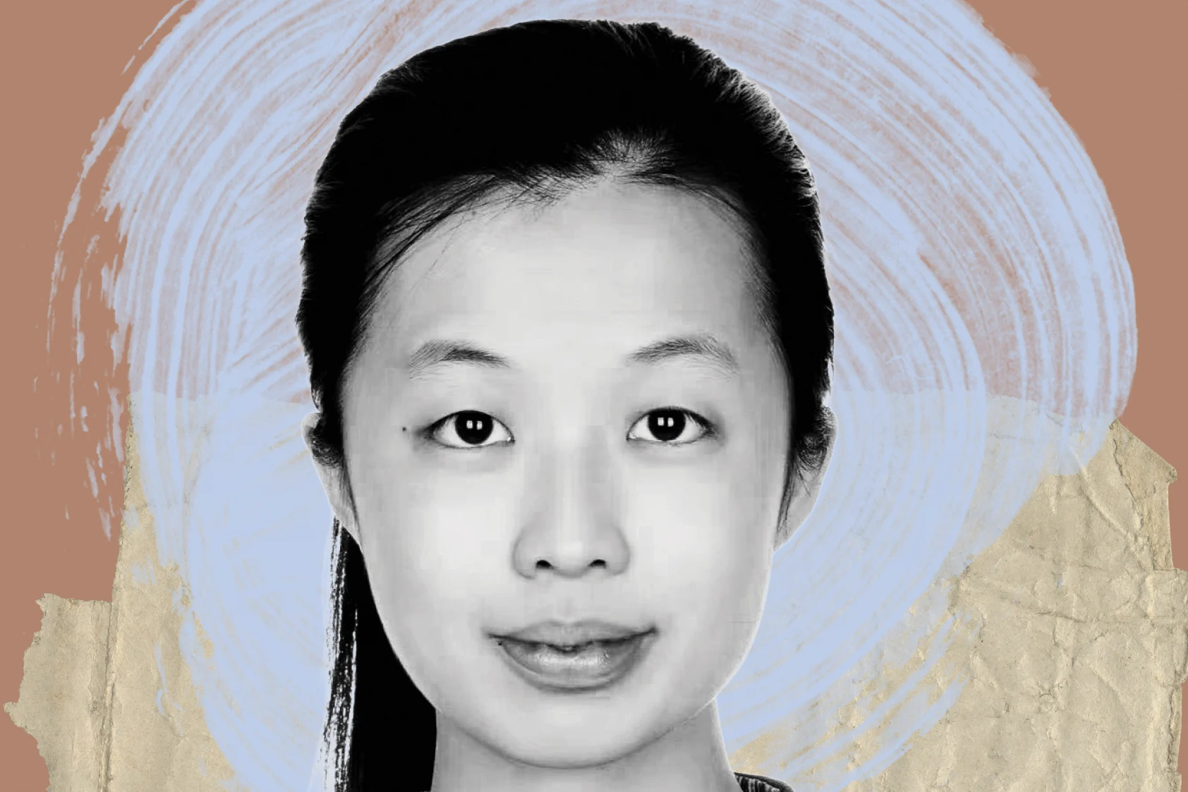A black and white headshot in front of a painted background